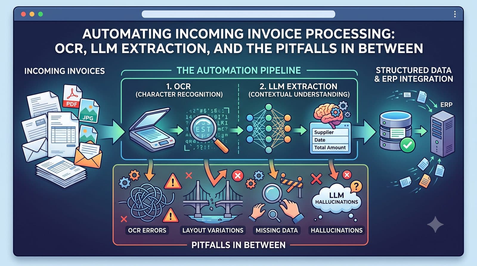 Diagram of an automated invoice processing pipeline: incoming invoices as PDFs, scans, and emails flow through OCR and LLM extraction into structured data and an ERP system, with pitfalls like OCR errors, layout variations, missing data, and LLM hallucinations shown along the way